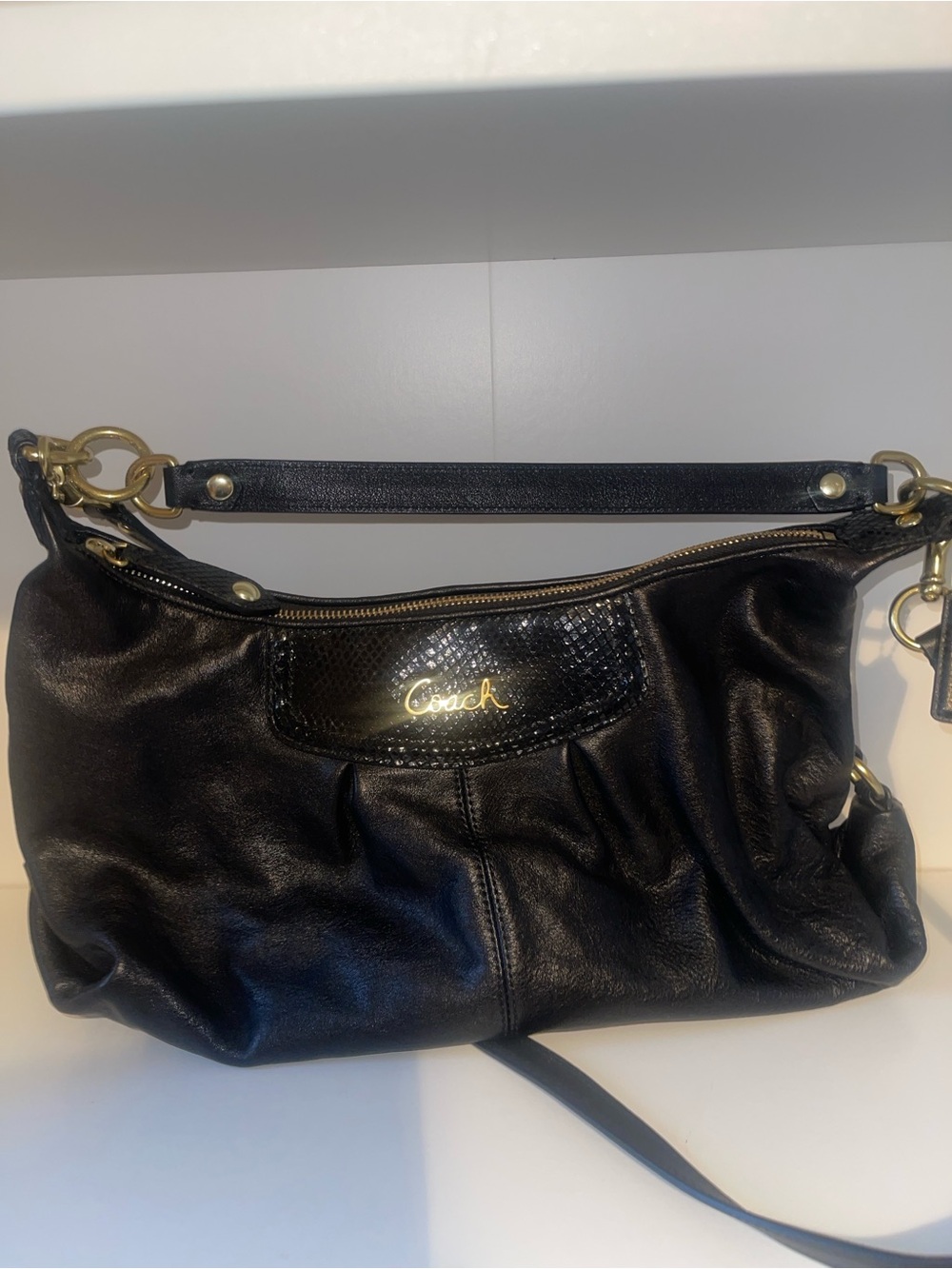 Coach Ashley Black Leather Shoulder Bag with Gold-Tone Accents
